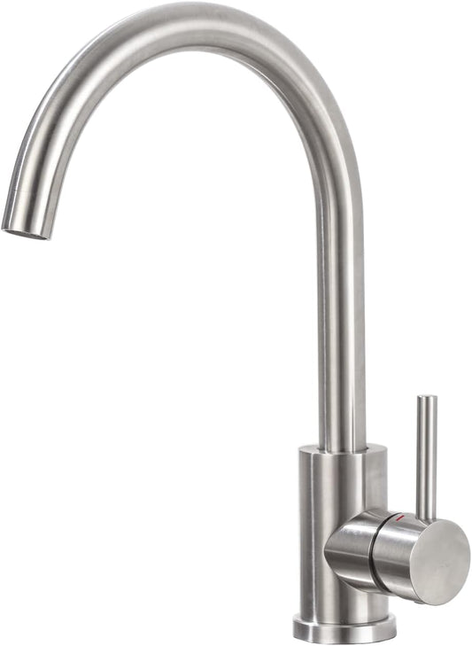 SS304 Kitchen Sink Mixer Faucet - Deck Mounted Tap, Hot & Cold Water Control, Fluid Series, Brushed Silver Finish