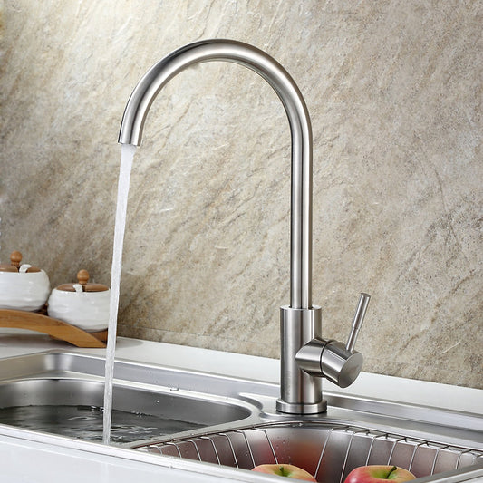 SS304 Kitchen Sink Mixer Faucet - Deck Mounted Tap, Hot & Cold Water Control, Fluid Series, Brushed Silver Finish