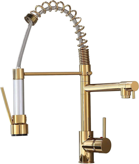 SS304 Kitchen Sink Mixer Faucet - Deck Mounted Spring Hose Tap with Connecting Hoses, Gold Finish
