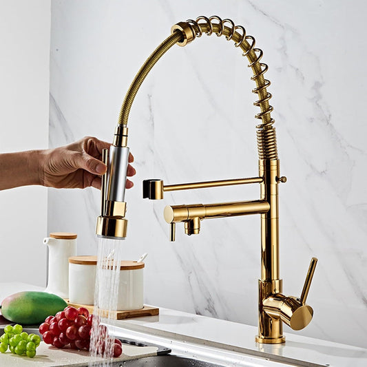 SS304 Kitchen Sink Mixer Faucet - Deck Mounted Spring Hose Tap with Connecting Hoses, Gold Finish