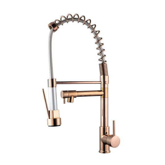 SS304 Kitchen Sink Mixer Faucet - Deck Mounted Spring Hose Tap with Connecting Hoses, Rose Gold Finish