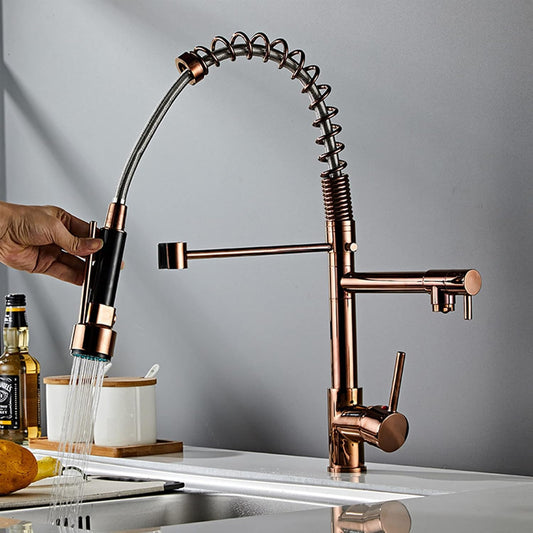 SS304 Kitchen Sink Mixer Faucet - Deck Mounted Spring Hose Tap with Connecting Hoses, Rose Gold Finish