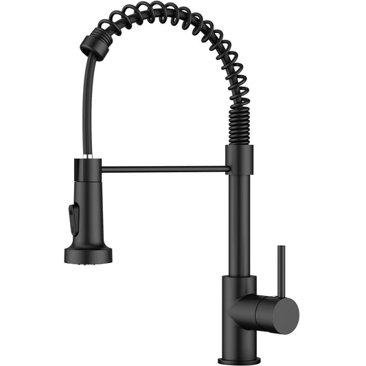SS304 Kitchen Sink Mixer Faucet - Deck Mounted Spring Hose Tap with Connecting Hoses, Matte Black Finish
