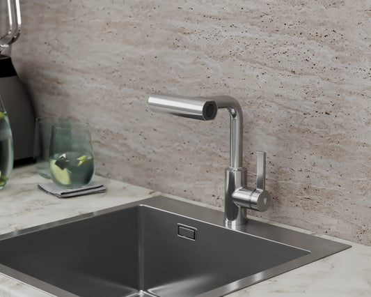 Hot & Cold Water Kitchen Sink Mixer Faucet with 4 Water Flow Functions – SS304 Stainless Steel Chrome Finish Deck-Mounted Sink Tap – Robo Series