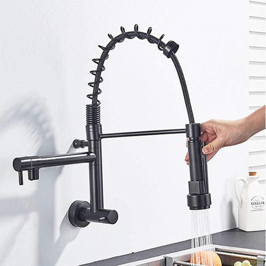 Cold Water Sink Cock with Spring Neck and Spout | Heavy-Duty SS304 Stainless Steel Black Finish Kitchen Sink Faucet and Spout | Wall-Mounted Tap