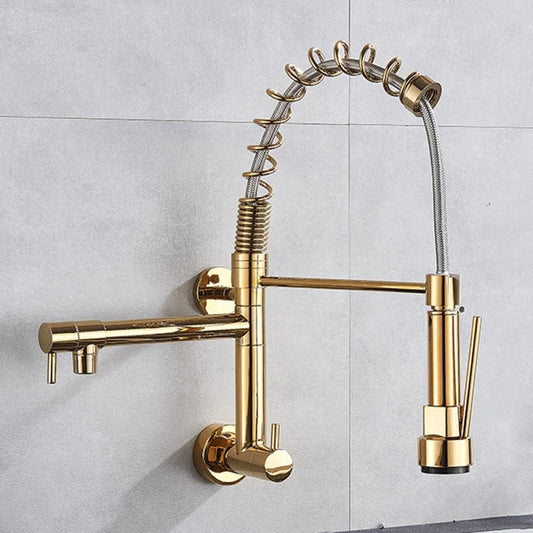 Cold Water Sink Cock with Spring Neck and Spout | Heavy-Duty SS304 Stainless Steel Gold Finish Kitchen Sink Faucet and Spout | Wall-Mounted Tap