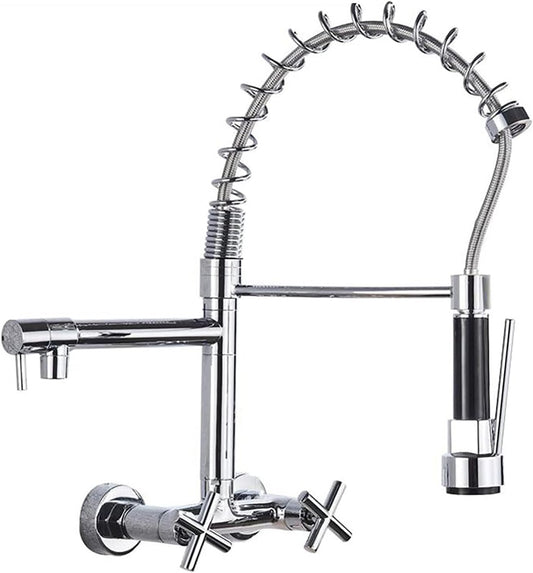 SS304 Kitchen Sink Mixer Faucet - Wall-Mounted Spring Hose Tap with Connecting Hoses, Chrome Finish