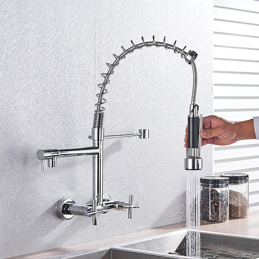 SS304 Kitchen Sink Mixer Faucet - Wall-Mounted Spring Hose Tap with Connecting Hoses, Chrome Finish