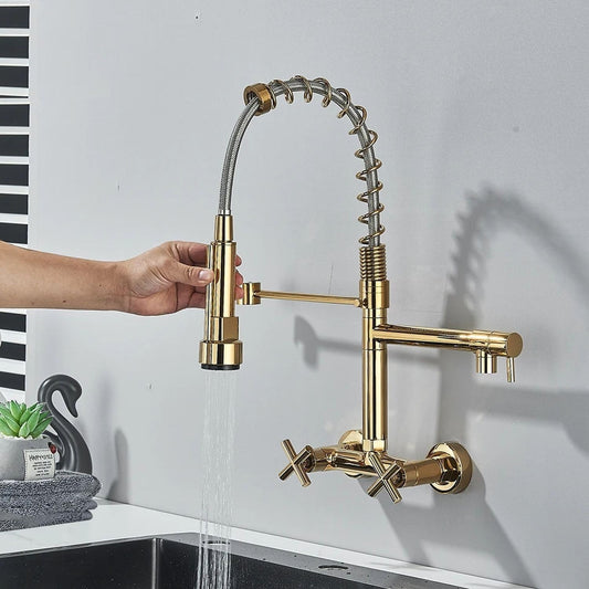 SS304 Kitchen Sink Mixer Faucet - Wall-Mounted Spring Hose Tap with Connecting Hoses, Gold Finish