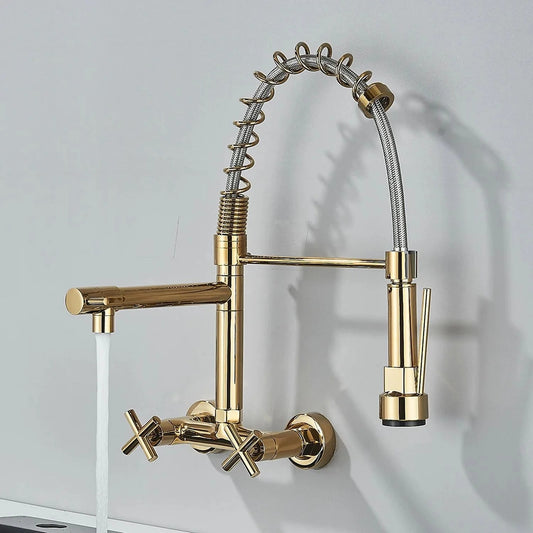 SS304 Kitchen Sink Mixer Faucet - Wall-Mounted Spring Hose Tap with Connecting Hoses, Gold Finish