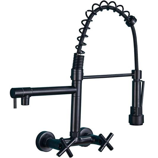 SS304 Kitchen Sink Mixer Faucet - Wall-Mounted Spring Hose Tap with Connecting Hoses, Matte Black Finish