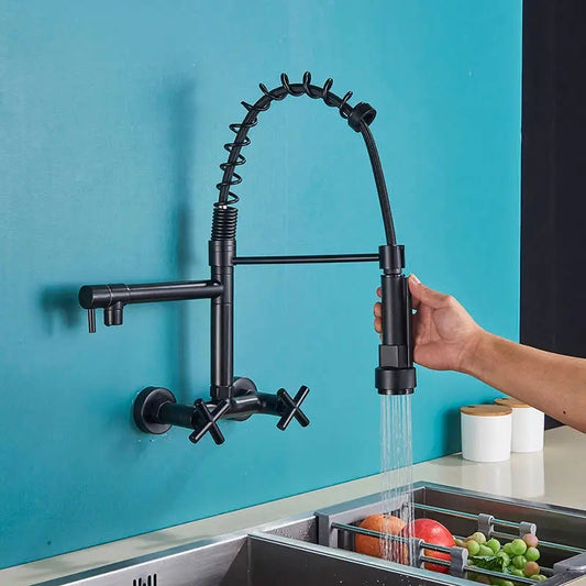 SS304 Kitchen Sink Mixer Faucet - Wall-Mounted Spring Hose Tap with Connecting Hoses, Matte Black Finish