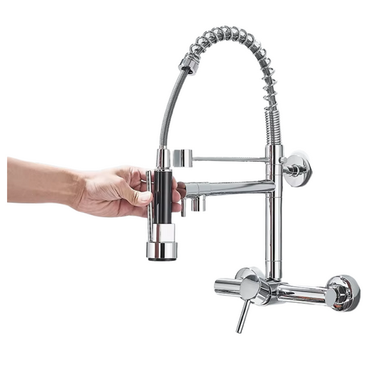 SS304 Kitchen Sink Mixer Faucet - Wall-Mounted Spring Hose Tap with Connecting Hoses, Chrome Finish