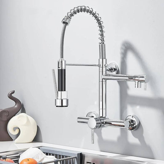 SS304 Kitchen Sink Mixer Faucet - Wall-Mounted Spring Hose Tap with Connecting Hoses, Chrome Finish