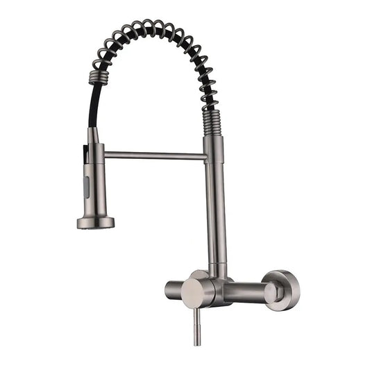 SS304 Kitchen Sink Mixer Faucet - Wall-Mounted Spring Hose Tap with Connecting Hoses, Brushed Silver Finish