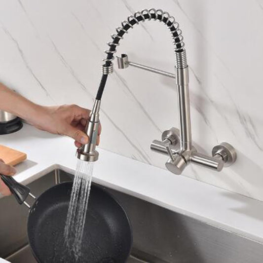 SS304 Kitchen Sink Mixer Faucet - Wall-Mounted Spring Hose Tap with Connecting Hoses, Brushed Silver Finish
