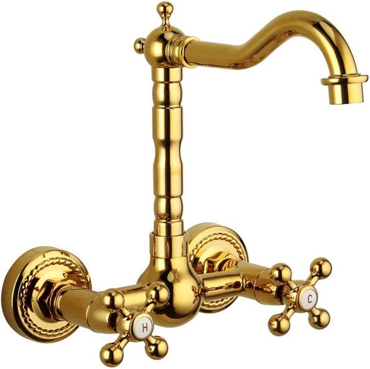 SS304 Kitchen Sink Mixer Faucet - Wall-Mounted Tap with Connecting Hoses, Royal Series, Gold Finish