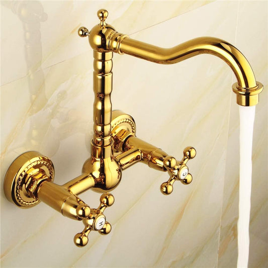 SS304 Kitchen Sink Mixer Faucet - Wall-Mounted Tap with Connecting Hoses, Royal Series, Gold Finish