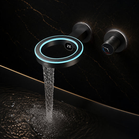 Aquieen Wall Mounted Orbix Basin Mixer Tap with Digital Temperature Display & LED Ring Light | Premium Brass Body | Hot & Cold Water Mixer | Ceramic Cartridge | Mirror Chrome Finish | Luxury Bathroom Faucet