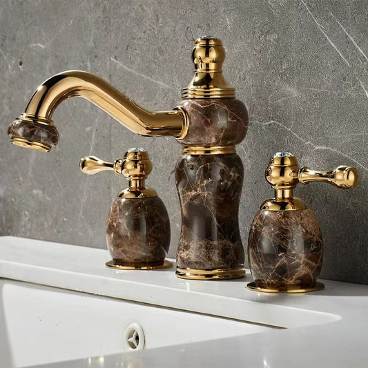 Designer Deck Mounted 3-Hole Basin Mixer Tap in Gold & Marble Finish | Heavy-Duty Brass Made | Hot & Cold Water Tap