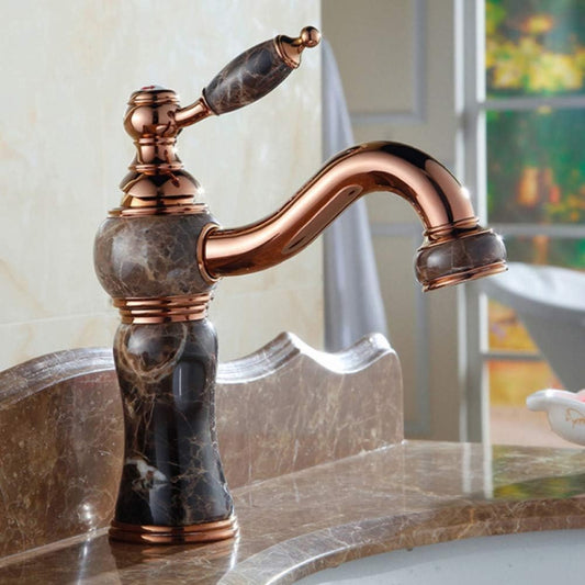 Deck Mounted Basin Mixer Tap in Rose Gold & Marble Finish | Heavy-Duty Brass Made | Hot & Cold Water Tap | Jade Series