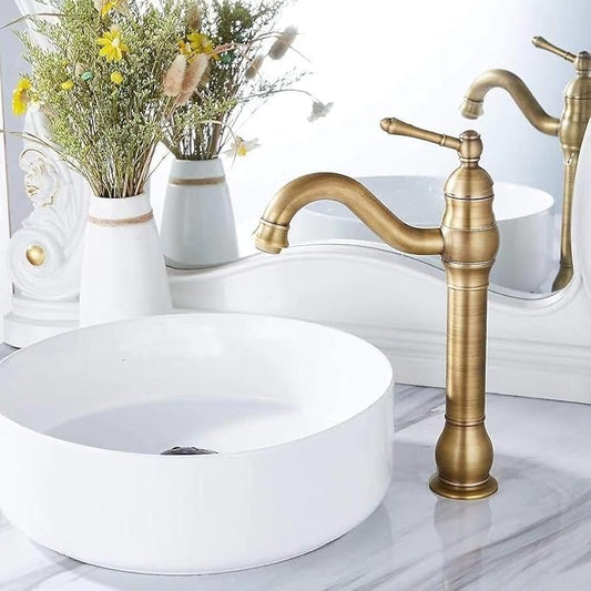 Floor Mounted Extended Body Basin Mixer Tap in Antique Brass Finish | Heavy-Duty Brass Made | Hot & Cold Water Tap | Drop Series
