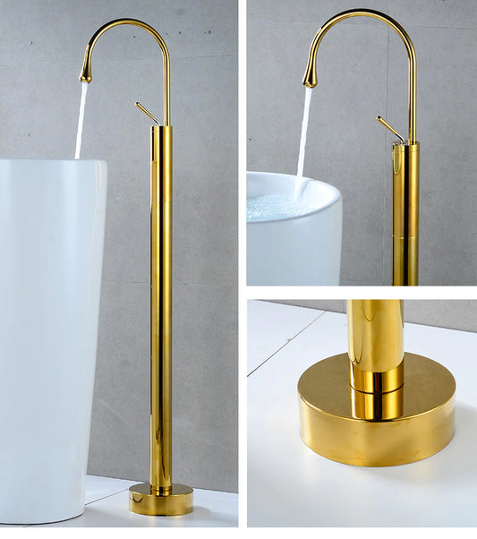 Floor Mounted Extended Body Basin Mixer Tap in Gold Finish | Heavy-Duty Brass Made | Hot & Cold Water Tap | Drop Series