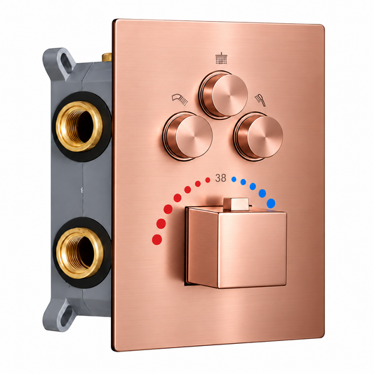 3-Way Thermostatic Diverter with Push Buttons | Brass Made | Temperature & Flow Control Valve with Rose Gold Finish | For Showers, Bathtubs, Hand Showers