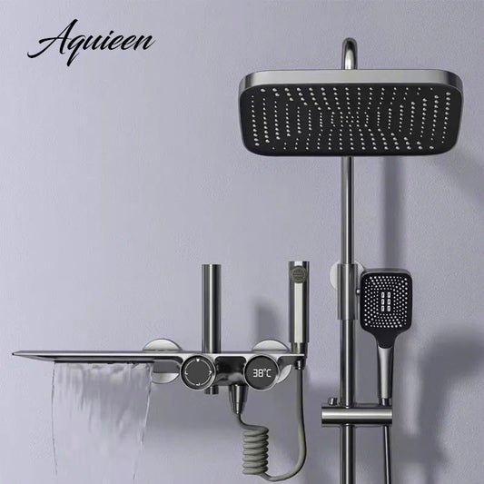 Gun Gray Thermostatic Shower Column Set | Waterfall Spout, Rainfall Shower, Handheld Shower, Bidet Spray, & Digital Temperature Display