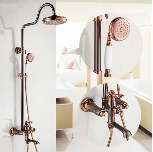 Shower Column Set in Oil Rubbed Bronze & Rose Gold Finish | Wall-Mounted Shower System with Mixer Spout, Rainfall Shower, & Handheld Shower