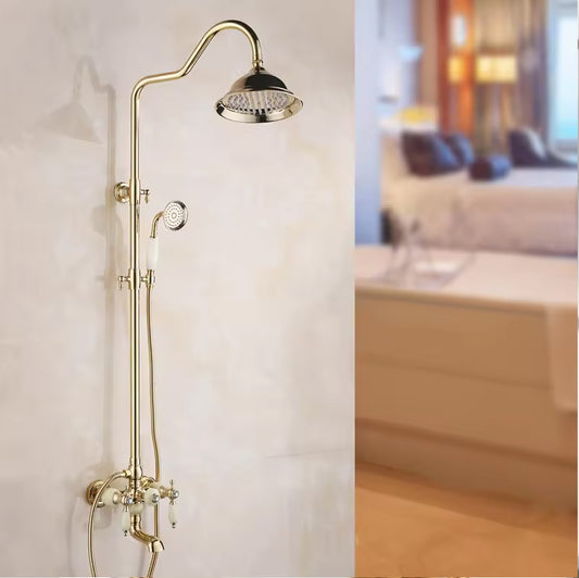 Shower Column Set in Jage Gold Finish | Wall-Mounted Shower System with Mixer Spout, Rainfall Shower, & Handheld Shower