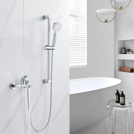 Single Lever Wall Mixer with Hand Shower - Chrome PVD Finish Durable Brass Wall Mounted Tap - Aura Series