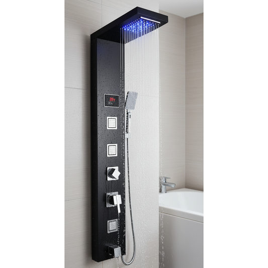 5-in-1 Wall-Mounted Black Shower Panel Set | Heavy-Duty SS304 Body with LED Overhead Shower, Hand Shower, Body Jet, Tub Spout, Hot & Cold Water Flow Control & Temperature Display