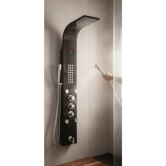 5-in-1 Wall-Mounted Black Shower Panel Set | Heavy-Duty SS304 Body with Overhead Shower, Hand Shower, Body Jet, Spout, Hot & Cold Water Flow Control & Temperature Display