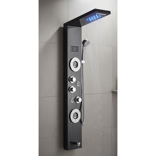 5-in-1 Wall-Mounted Black Shower Panel Set | Heavy-Duty SS304 Body with LED Overhead Shower, Hand Shower, Body Jet, Back Massage Spray, Spout, Hot & Cold Water Control, Temperature Display