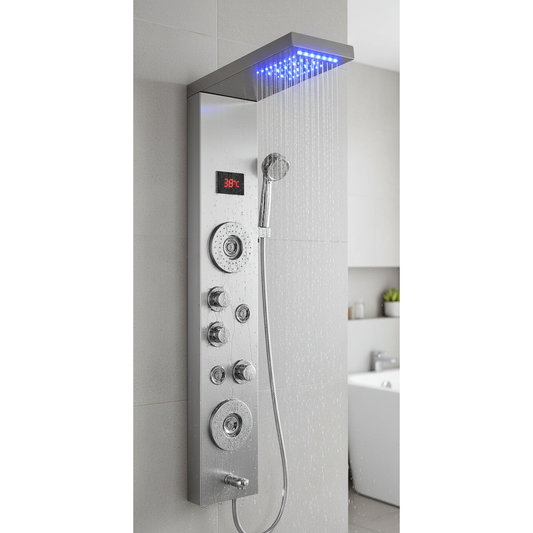 5-in-1 Wall-Mounted Grey Shower Panel Set | Heavy-Duty SS304 Body with LED Overhead Shower, Hand Shower, Body Jet, Back Massage Spray, Spout, Hot & Cold Water Control, Temperature Display