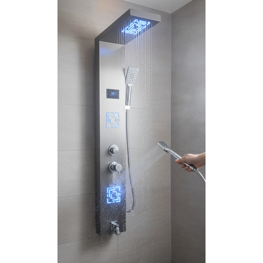 Grey Shower Panel with LED Waterfall Top Shower | Heavy-Duty SS304 Body with Brass Mixer | 5-Mode Shower System with Rainfall, Hand Shower, Body Jet, & Spout | Wall-Mounted Spa Shower Tower