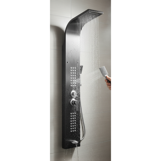 5-in-1 Wall-Mounted Black Shower Panel Set | Heavy-Duty SS304 Body with Overhead Shower, Hand Shower, Massage Spray, Spout, and Hot & Cold Water Control