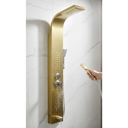 5-in-1 Wall-Mounted Gold Shower Panel Set | Heavy-Duty SS304 Body with Overhead Shower, Hand Shower, Massage Spray, Spout, and Hot & Cold Water Control