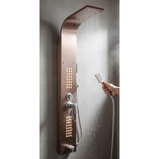 5-in-1 Wall-Mounted Rose Gold Shower Panel Set | Heavy-Duty SS304 Body with Overhead Shower, Hand Shower, Massage Spray, Spout, and Hot & Cold Water Control