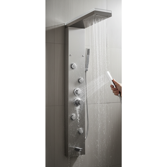 Shower Panel with Rainfall & Waterfall Top Shower | Heavy-Duty SS304 Stainless Steel Body & Brass Mixer | 5-Mode Wall-Mounted Shower Tower with Hand Shower, Body Jet, & Tap Spout
