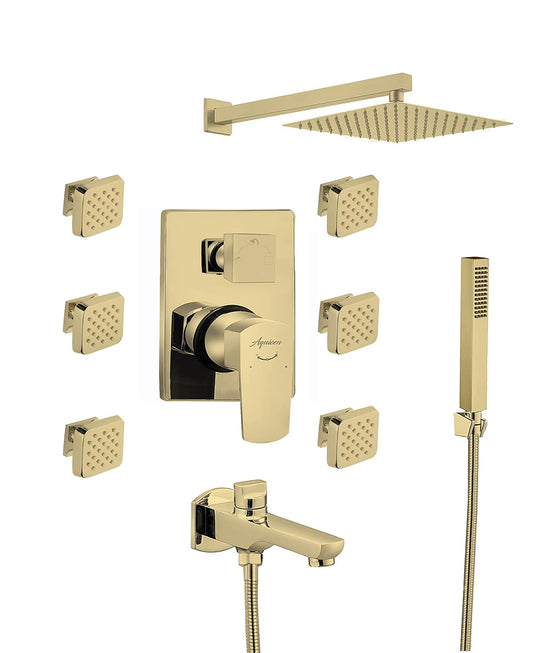 A brushed gold shower fixture set including a rain shower head, overhead bar, single lever trim with controls, handheld shower, tub spout, and multiple wall plates, shown on a white background.