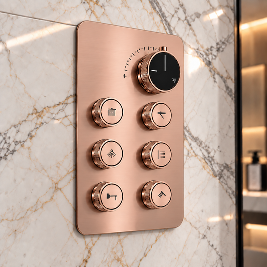6-Way Thermostatic Diverter Brushed Rose Gold Finish, Brass Made, Wall-Mounted - For Bathroom & Spa Water Flow & Temperature Control