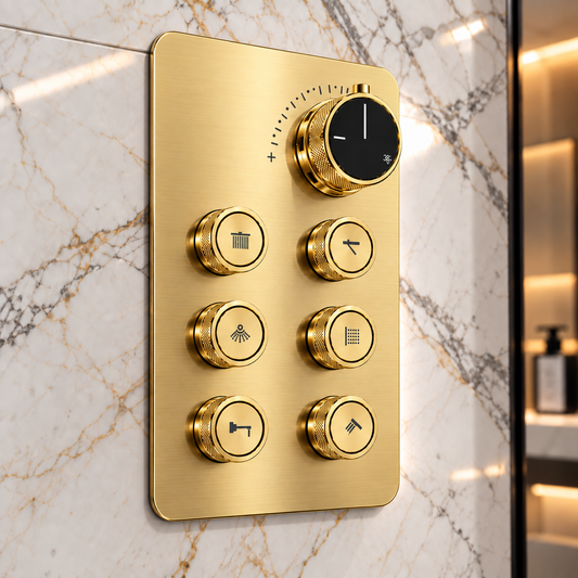 6-Way Thermostatic Diverter Gold Finish, Brass Made, Wall-Mounted - For Bathroom & Spa Water Flow & Temperature Control