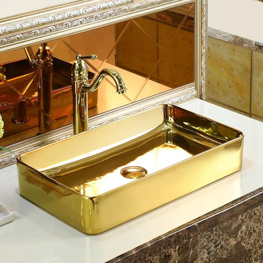Deck-Mounted Glossy Gold Finish Acrylic Wash Basin Countertop Sink 600x350x110 mm - Luxury Vanity Basin for Homes, Hotels & Designer Bathrooms