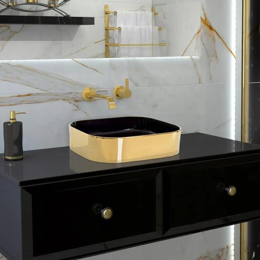 Deck-Mounted Black & Gold Finish Acrylic Wash Basin Countertop Sink 400x300x135 mm - Luxury Vanity Basin for Modern Homes & Hotels
