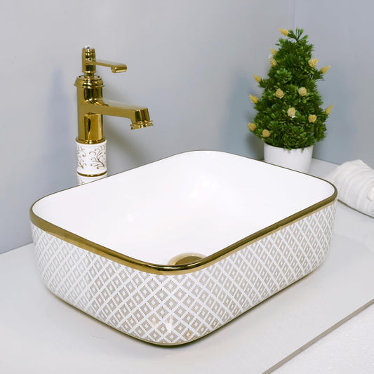 Deck-Mounted White & Gold Royal Finish Acrylic Wash Basin Countertop Sink 500x400x150 mm - Luxury Vanity Basin for Elegant Bathrooms & Premium Spaces