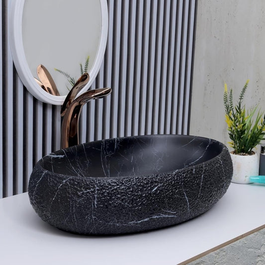 Deck-Mounted Black Stone Finish Acrylic Wash Basin Countertop Sink 600x400x130 mm - Modern Vanity Basin for Stylish Bathrooms & Commercial Spaces