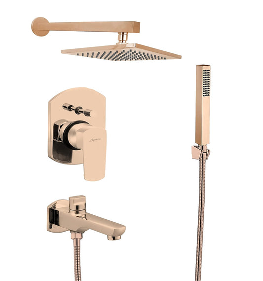 A modern three-piece bathroom faucet set in a warm champagne gold finish, including a rain shower head, a hand shower with hose, and a single-handle trim valve with lever, shown on a solid white background.