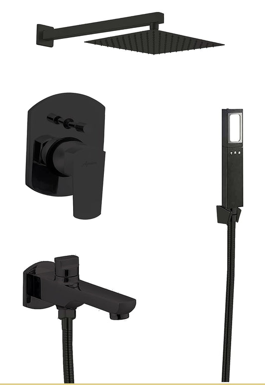 Aquieen Wall Mounted Hi Flow Diverter Body with 8" Shower, Spout, Hand Shower Hook & Tube PVD Black (Zura Diverter Set Black), Brass, Chrome
